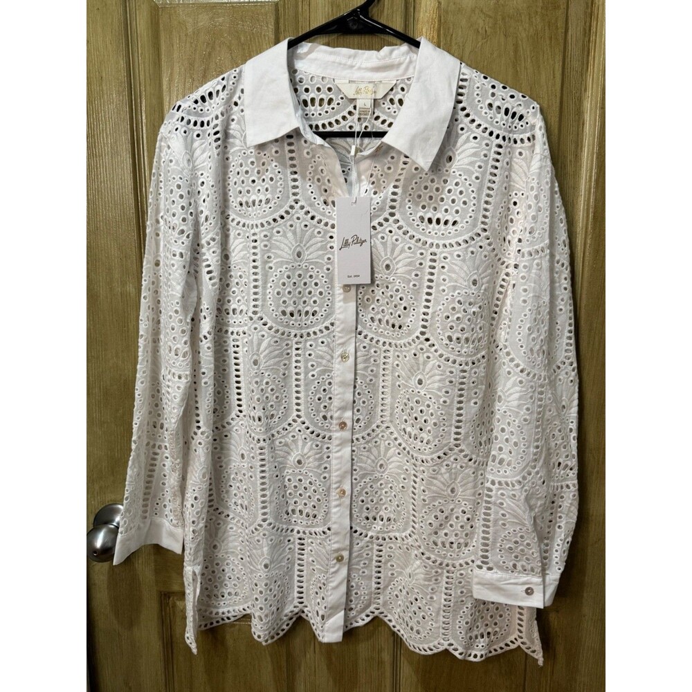 NWT Lilly Pulitzer Gracee Tunic L White Pineapple Tile Eyelet Embroidered $198